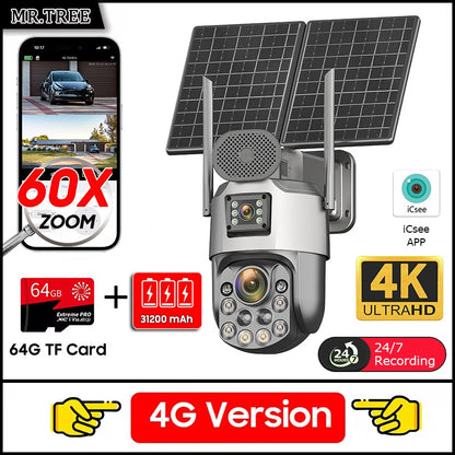 Câmeras de segurança solares externas 4K, 4G SIM, 2 lentes/tela, zoom óptico de 60x, rastreamento automático, PTZ 360°, câmera IP para vigilância residencial