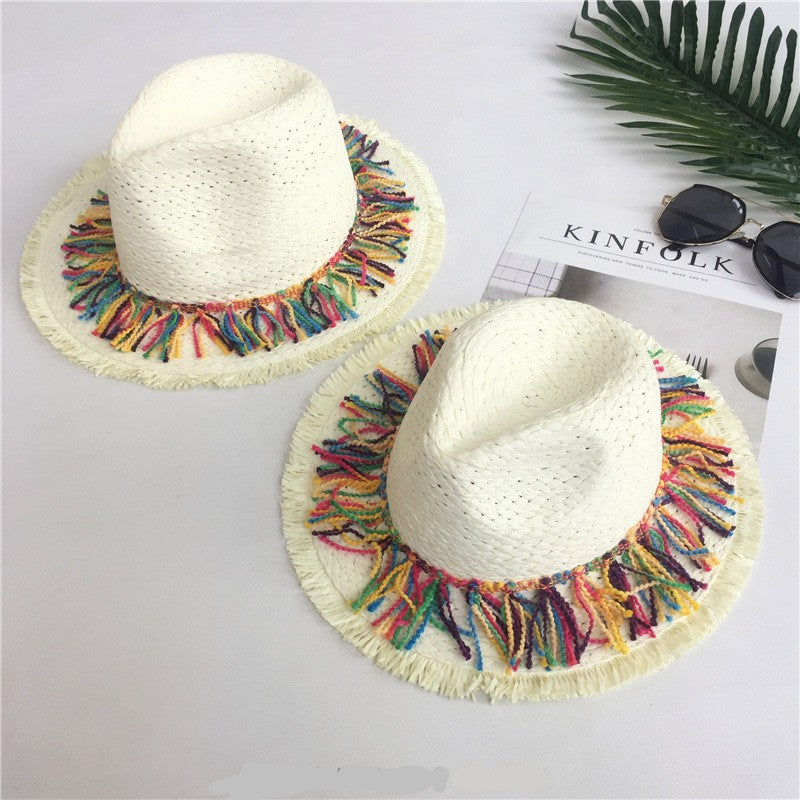 2024 Chapéu de Palha Decorado com Fita de Borla Colorida, Chapéu de Sol com Proteção, Chapéu de Praia Feminino Moderno, Boné Jazz de Verão para Mulher