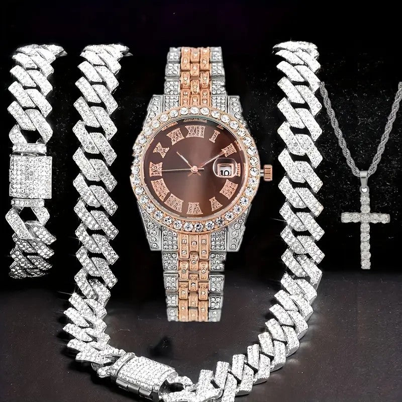4pcs/set Mens Bling Wrist Watch & Hip Hop Cuban Chain Necklace Set - Rhinestone Accented, Round Dial, Electronic Quartz Movement