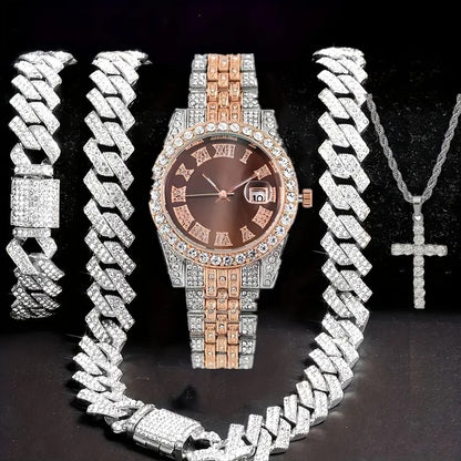 4pcs/set Mens Bling Wrist Watch & Hip Hop Cuban Chain Necklace Set - Rhinestone Accented, Round Dial, Electronic Quartz Movement