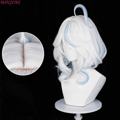 Peruca Curta Furina Peruca Cosplay Focalors Curta Prata Branca Azul Peruca Cosplay Anime Perucas Cosplay Resistente ao Calor Sintética + Touca de Peruca