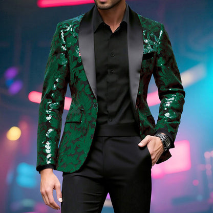Shiny Sequin Embellished Single Button Stage Performance Outerwear in Blue Gold Green Purple Options for Men's Red Suit Jacket