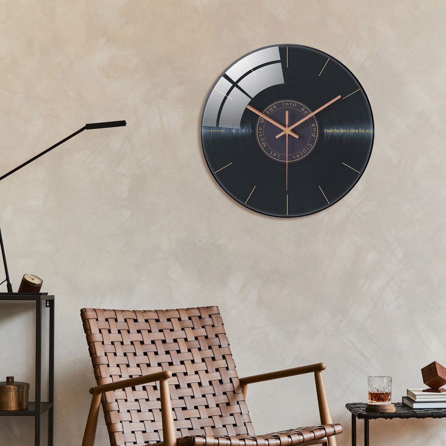 Creative Music Element Vinyl Record Pattern Tempered Glass Wall Clock Living Room Bedroom Kitchen Home Decoration Wall Clock Silent Quartz Clock Holiday Gift 12 Inches 14 Inches 16inch (Without Batteries)