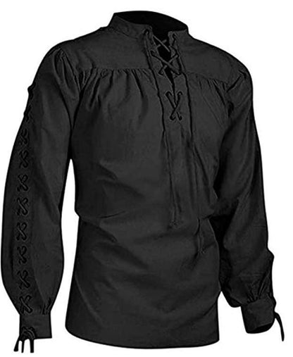 Men Medieval Shirts Drawstring Viking Vintage Sleeve Tunic Cosplay Tops Knight Costume Ruffle Pirate Gothic Neckline Male Shirts