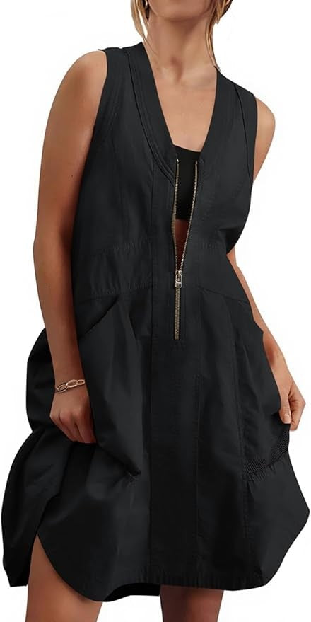 Fisoew Women's Sleeveless Mini Dress Half Zip V Neck Casual Mesh Back Summer Dress with Pockets sexy dress
