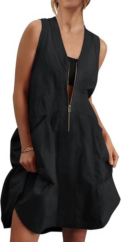 Fisoew Women's Sleeveless Mini Dress Half Zip V Neck Casual Mesh Back Summer Dress with Pockets sexy dress