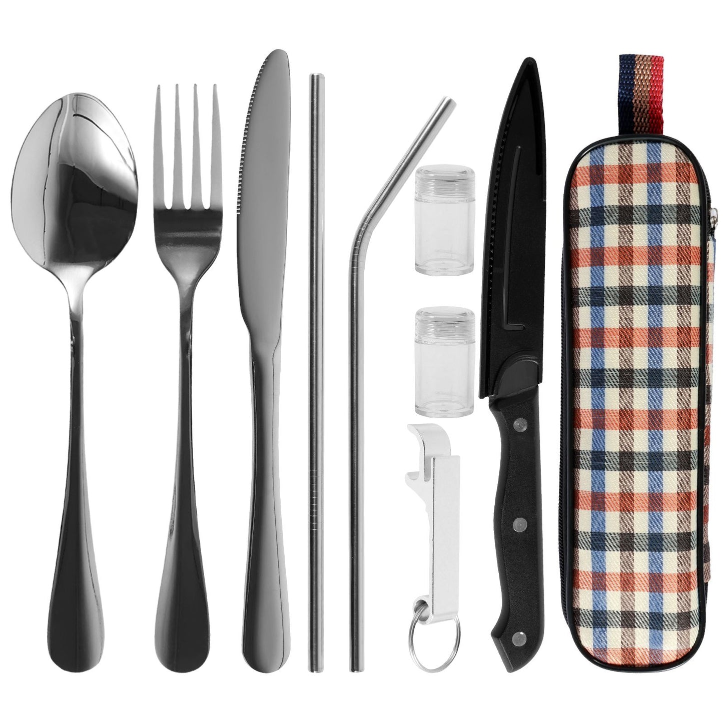 Kit de Talheres de Viagem 10 Peças com Bolsa de Armazenamento Talheres de Viagem de Aço Inoxidável Kit de Utensílios Portátil para Acampamento Kit de Talheres de Viagem
