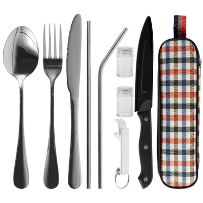 Kit de Talheres de Viagem 10 Peças com Bolsa de Armazenamento Talheres de Viagem de Aço Inoxidável Kit de Utensílios Portátil para Acampamento Kit de Talheres de Viagem