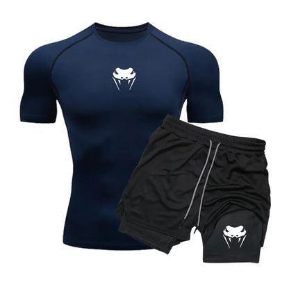 Men Compression Athletic Fitness Wear - Quick-Dry Tight Short-Sleeve Anime Double-Layer Shorts Summer Set Fitness Running Set