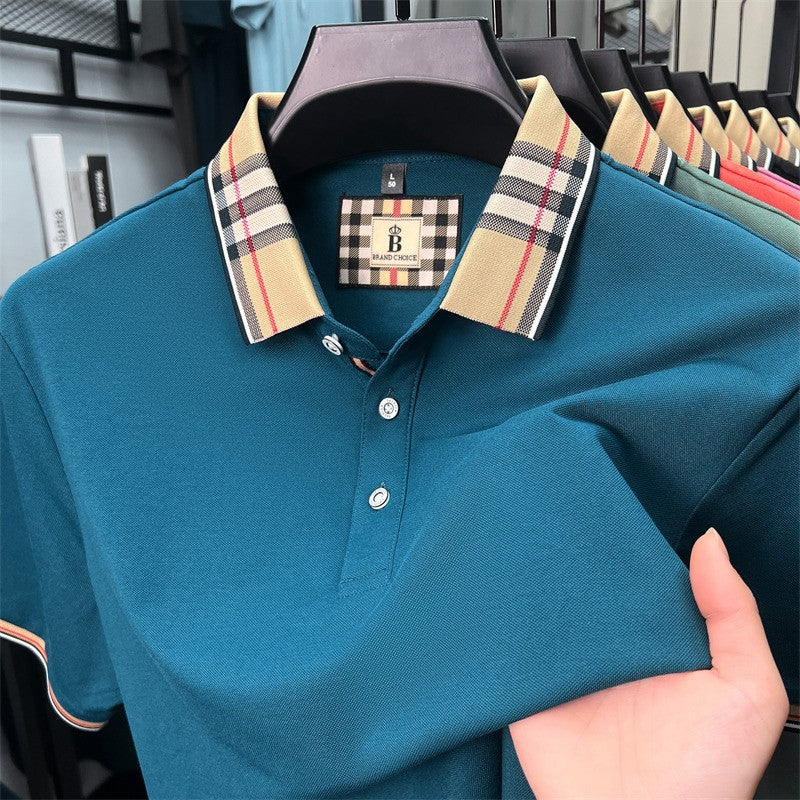 Luxury brand short sleeve polo shirt men's summer new silk cotton breathable fashion top casual business plaid lapel T-shirt
