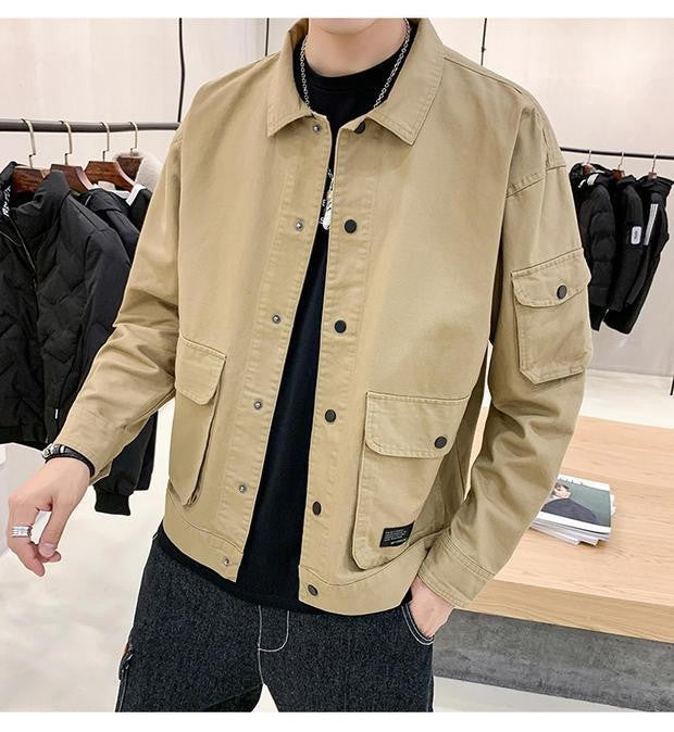 Men's Casual Jacket Spring Autumn Button Lapel Work Coat New Solid Color Multi-pocket Tops Men Fashion High Quality