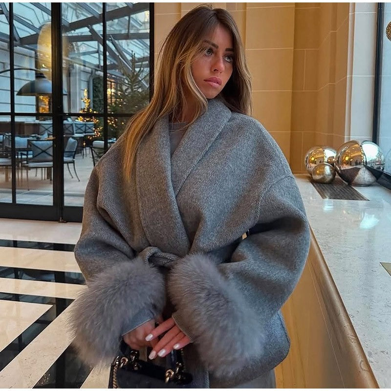 Casacos Curtos de Lã Elegantes com Cadarço Sólido Lapela Solta Cinto Peludo Manga Longa Jaqueta Feminina 2025 Outono Inverno Lady Chique Cardigãs
