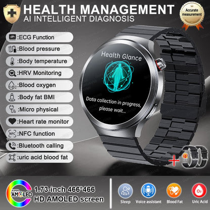Relógio Inteligente Smartwatch Masculino 2026 Health Tracker com Safira e Medição de Ácido Úrico, Gordura Sanguínea, Pressão Arterial e ECG+PPG com Análise Corporal