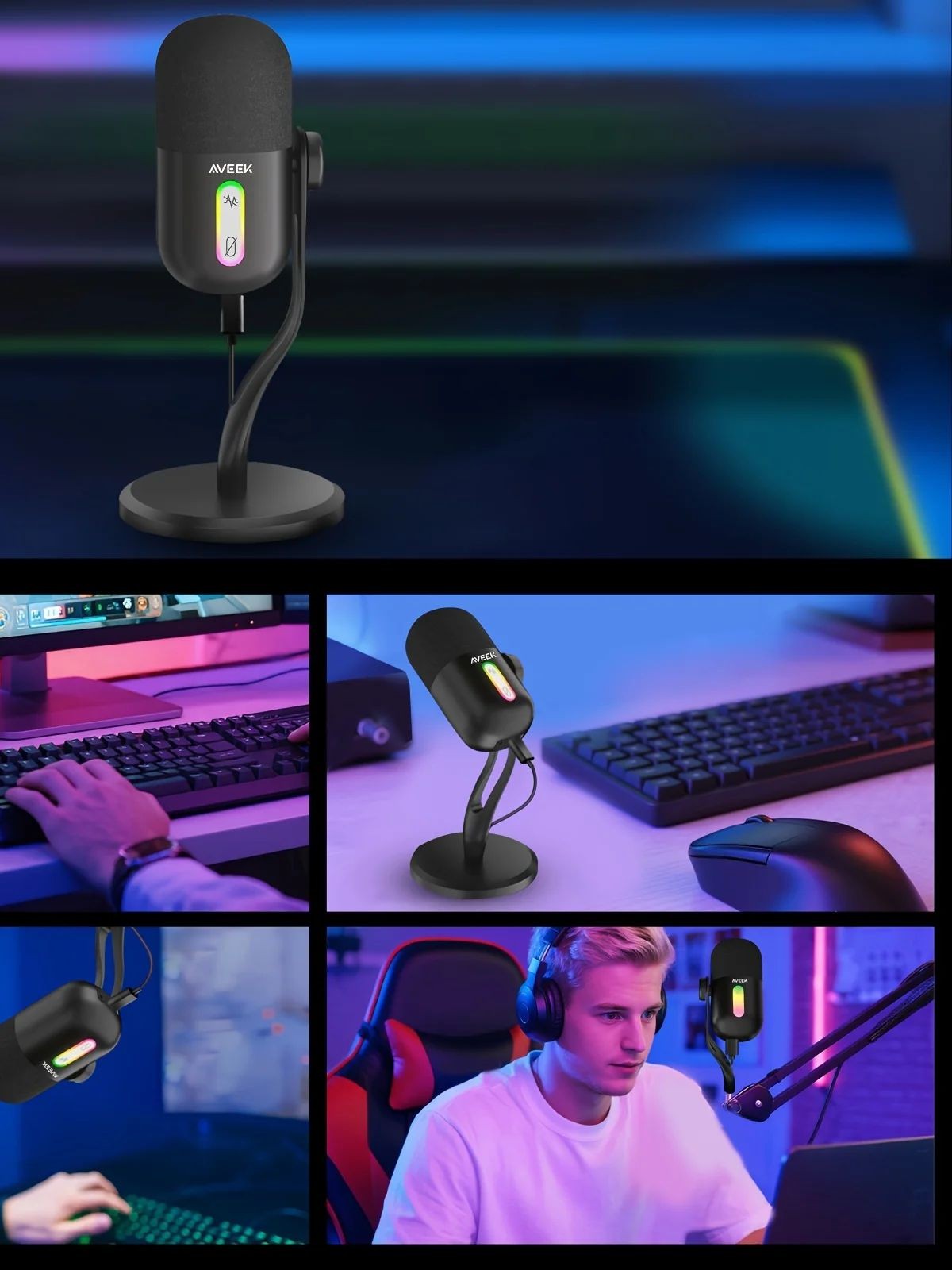 Microfone Condensador USB Aveek, Microfone de Estúdio para Jogos para PC, PS4, PS5 e Mac, Sensor Tap-to-Mute, RGB com Cancelamento de Ruído