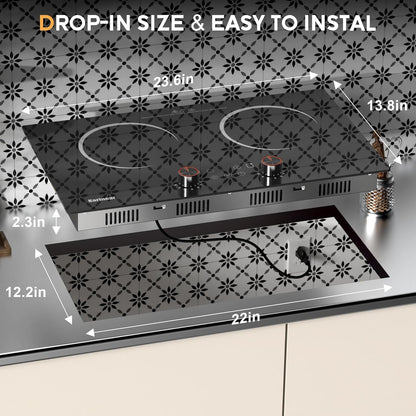 Karinear Electric Ceramic Cooktop 2 Burner, 110V,  2000W Knob Control & Sensor Touch for Countertop or Built-in Install, 24Inch