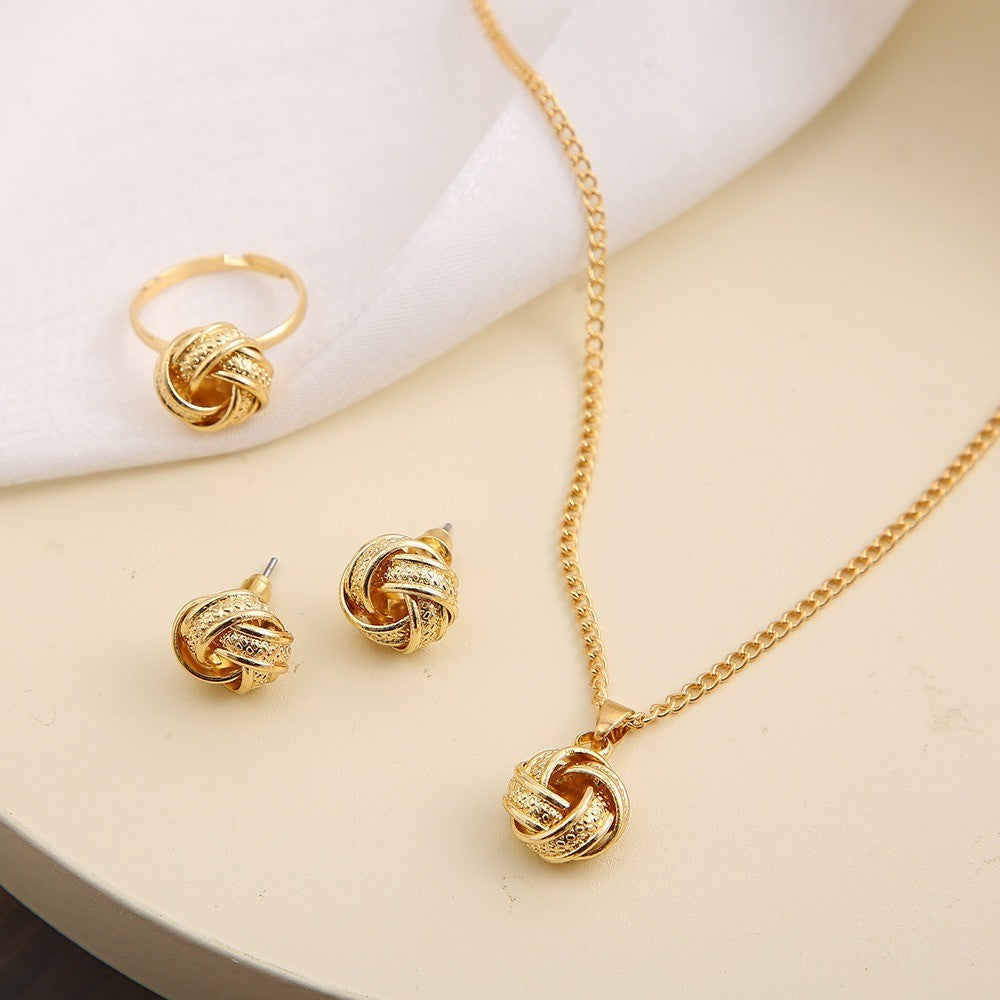 Conjunto 3 Peças Moda Criatividade Geometria Estéreo Nó Pingente Colares Brincos Anéis para Mulheres Conjunto de Joias Charmosas Acessório Presente