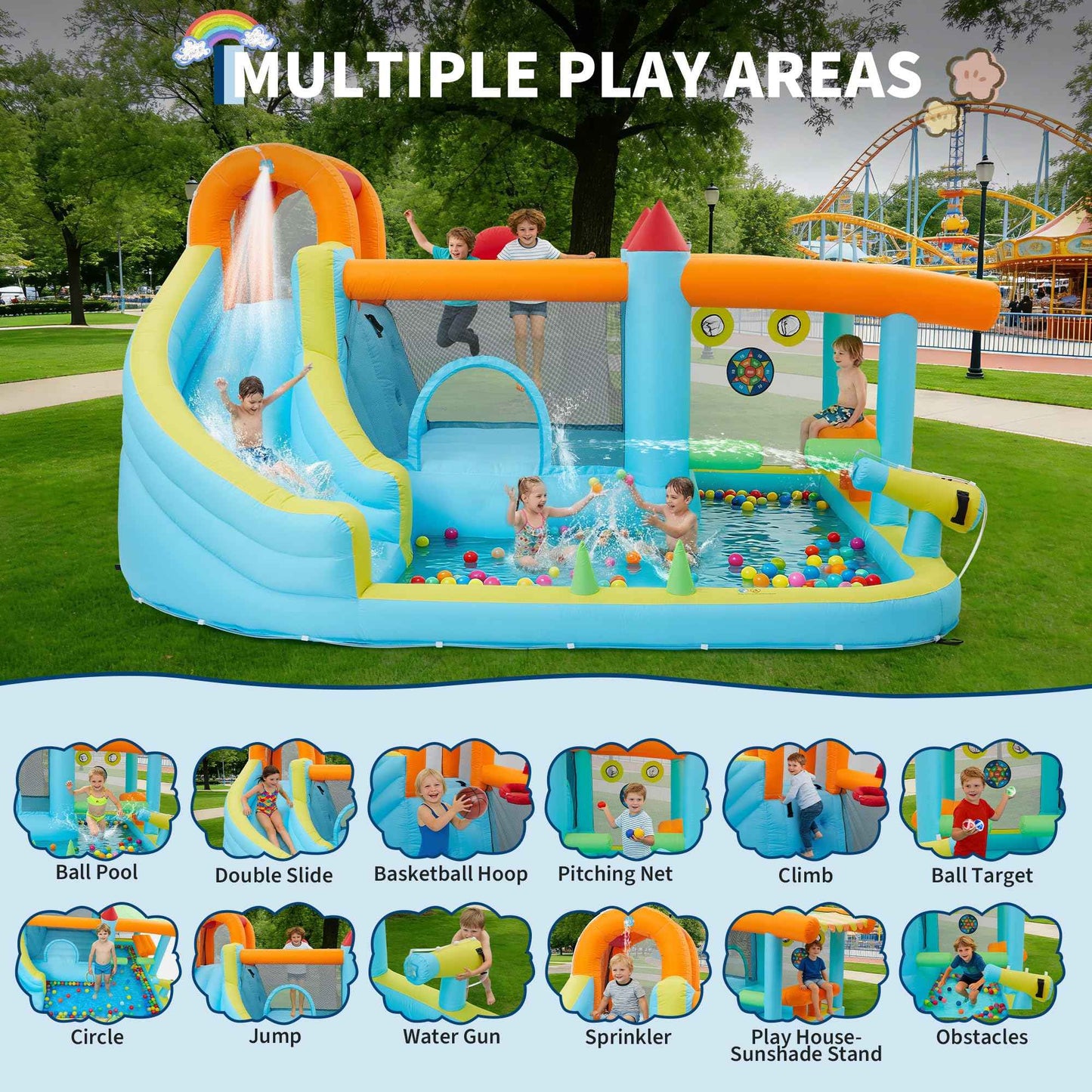 14FT Kids Bounce House With Slide & 450W Blower, 12-in-1 Inflatable Water Bouncer For Backyard Indoor Outdoor Party Castle Play