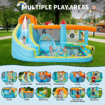 14FT Kids Bounce House With Slide & 450W Blower, 12-in-1 Inflatable Water Bouncer For Backyard Indoor Outdoor Party Castle Play