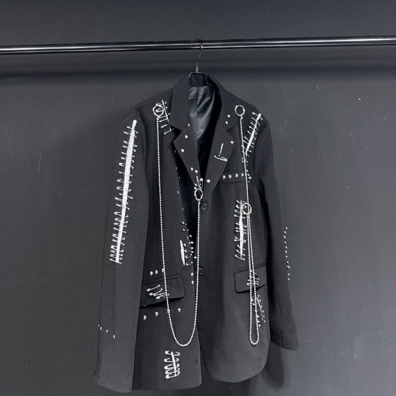 WVGA Autumn Winter New Man Tide Destroyed Metal Punk Rivet Chain Rock Suit Coat Niche Chic Casual Long Sleeved Blazer Ins W14182