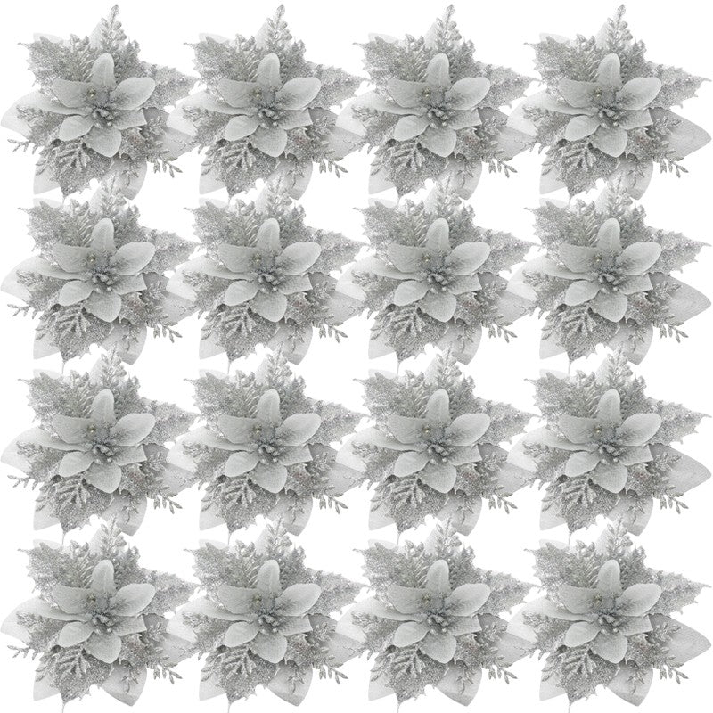 10PCS Glitter Artificial Christmas Flowers for Xmas Tree Ornament Fake Flower Floral with Clips New Year Party Home Decoration