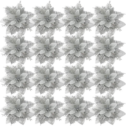 10PCS Glitter Artificial Christmas Flowers for Xmas Tree Ornament Fake Flower Floral with Clips New Year Party Home Decoration
