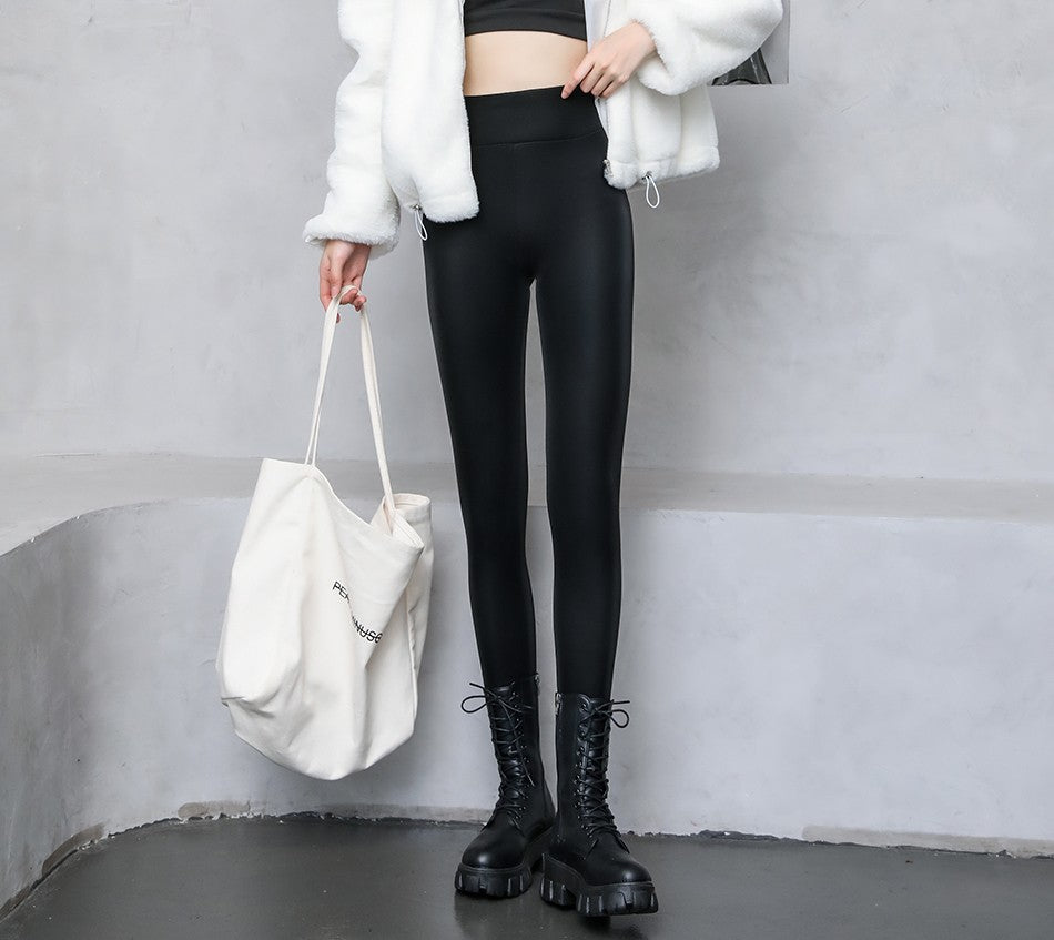 2024 Autumn Winter Velvet Thick Warm Leather Pants Women Elastic PU High Waist Leggings Black Casual Slimming Fleece Trousers