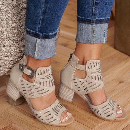 Women's Casual Boho Sandals Low Block Heel Summer Vacation Shoes Ladies Sandals with Buckles Chic Heeled Sandals for Ladies