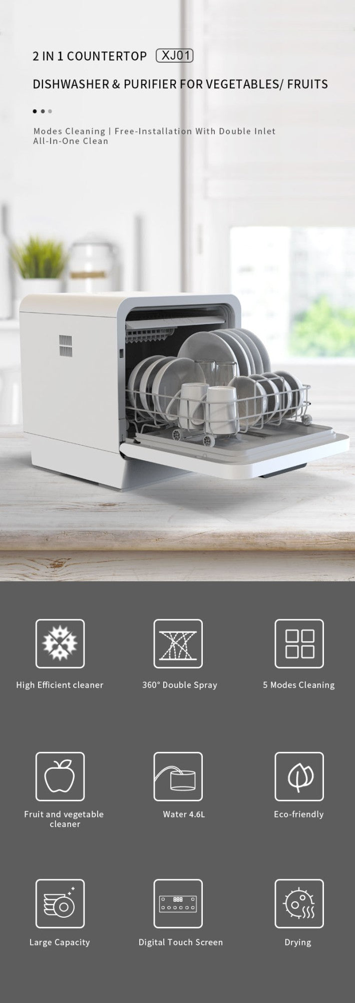 8 Sets Compact Built-in Stainless Steel Electric Dishwasher Customized Integrated  Dishwashing Machine Black Household Hotel