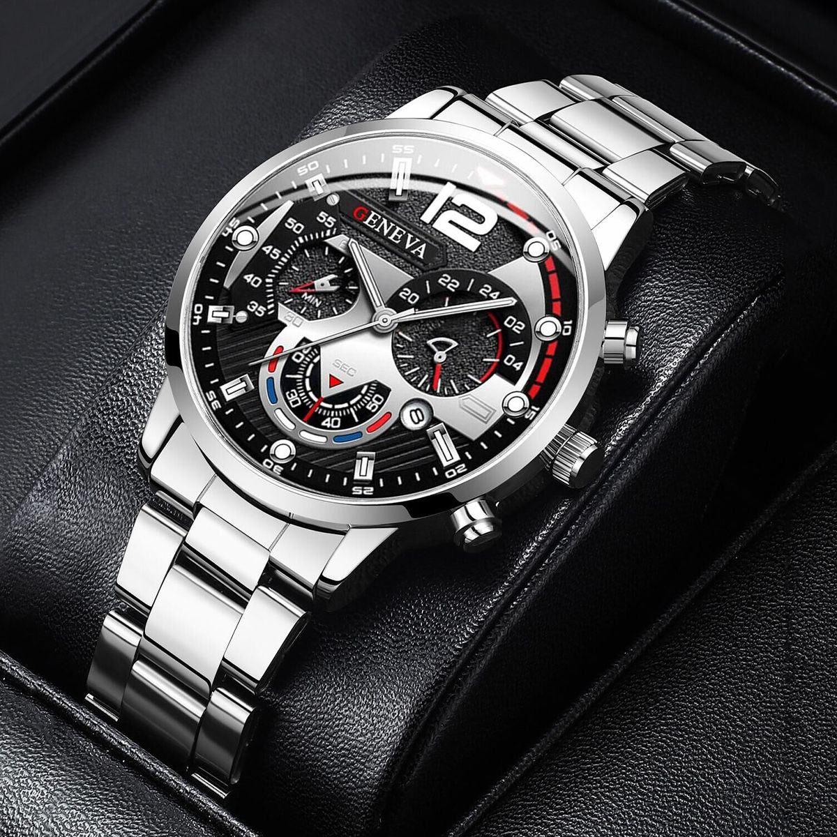 Fashion Men's Watches Stainless Steel Band Analog Quartz Wristwatch with Calendar