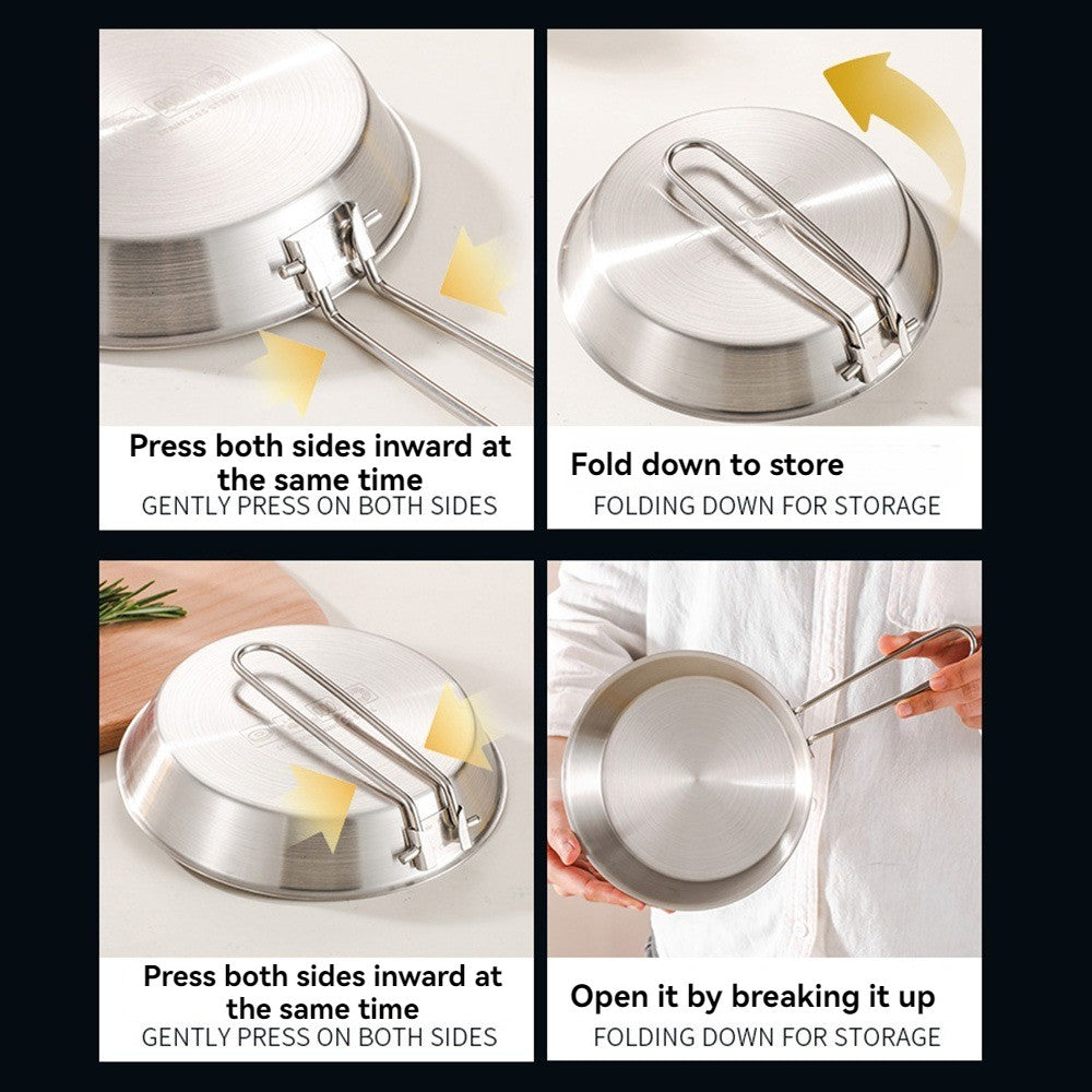 304 stainless steel frying pan, cooking utensil, camping, portable, foldable handle, outdoor, steak frying, flat bottom pan