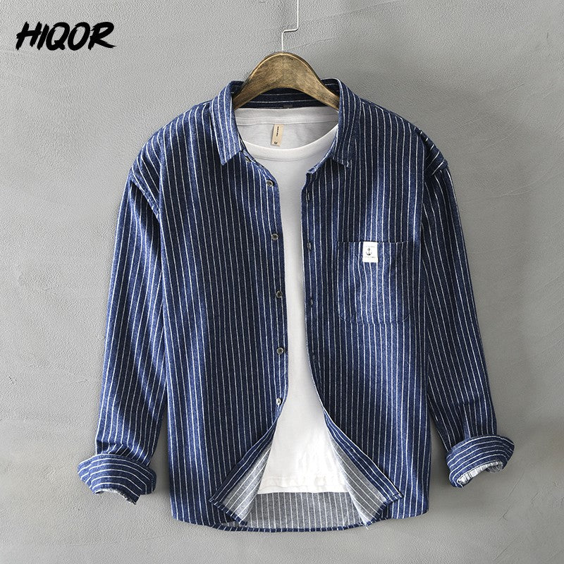 HIQOR 2025 New In 100% Cotton Long Sleeve Men's Shirt Loose Man Business Casual Shirts Classic Striped Male Social Dress Shirts