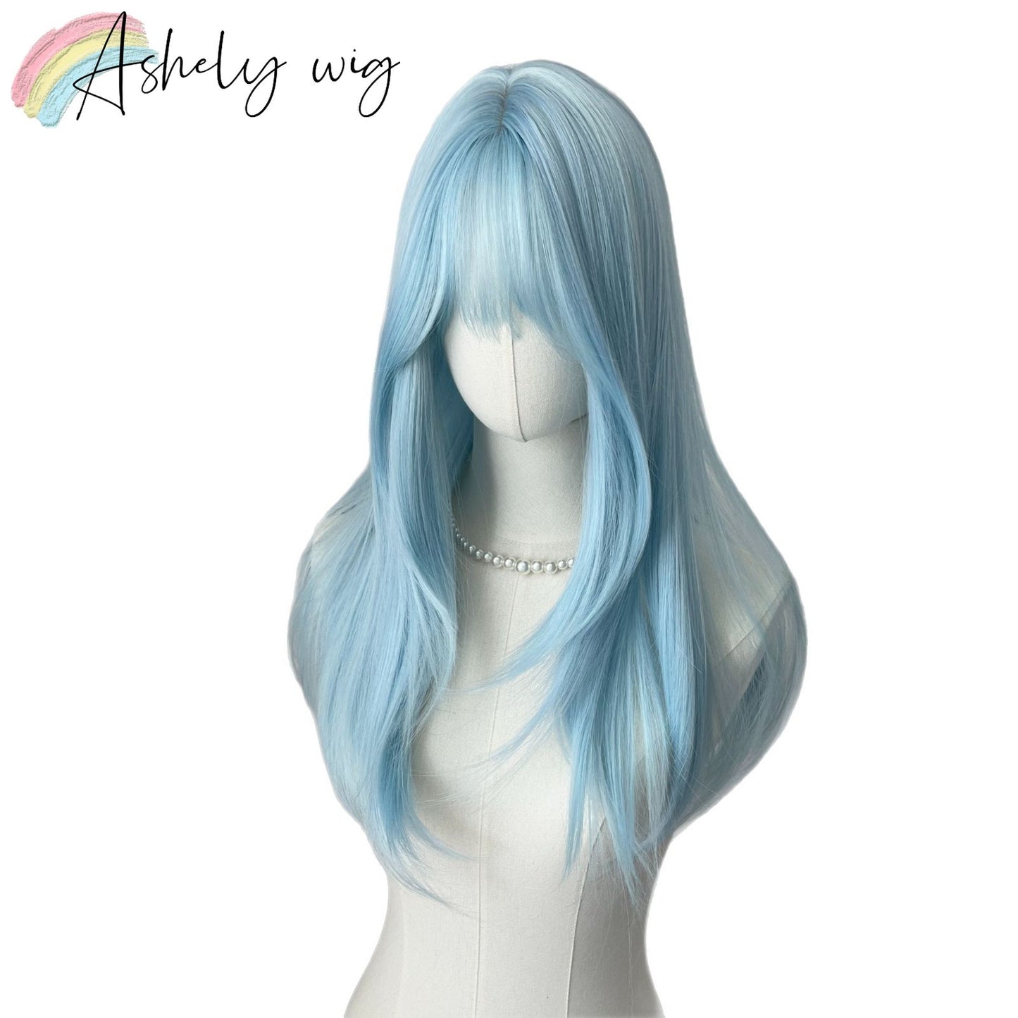 Lce Blue Wig with Bangs 22inch Middle Straight Hair Wig Lolita Nature Looking Headband Heat Resistant Fibers Synthetic Wigs ??