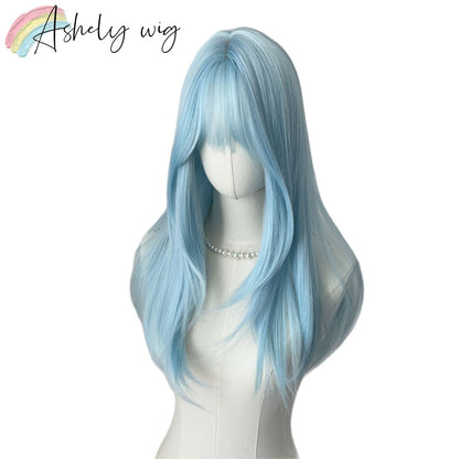 Lce Blue Wig with Bangs 22inch Middle Straight Hair Wig Lolita Nature Looking Headband Heat Resistant Fibers Synthetic Wigs ??