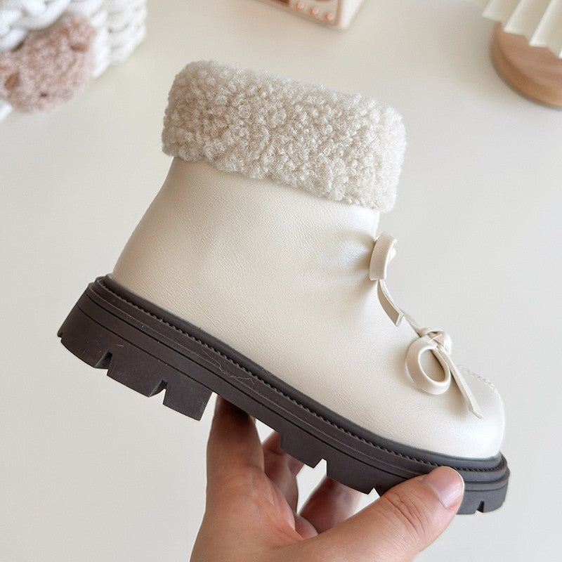 Girls Padded Fashion Leather Boots 2-18 Years Old Thickened Bow Hairy Girls Cotton Shoes Winter Beige Soft Non-slip Kids Boots