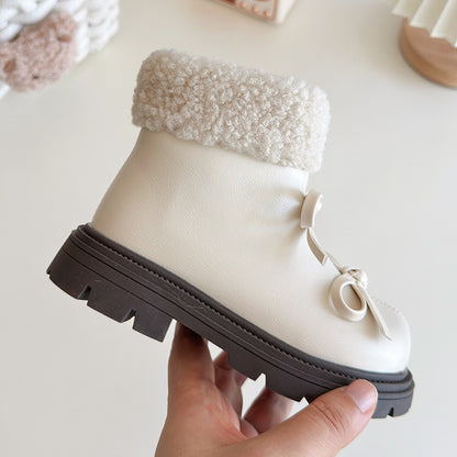 Girls Padded Fashion Leather Boots 2-18 Years Old Thickened Bow Hairy Girls Cotton Shoes Winter Beige Soft Non-slip Kids Boots