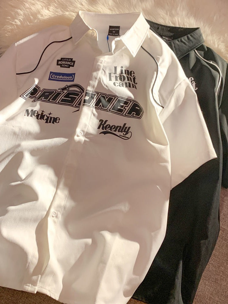 Cargo Short-sleeved Shirt New Summer Youth Casual Lapel Button Up Blouse Men Women Hip Hop Letter Print Racing Tee