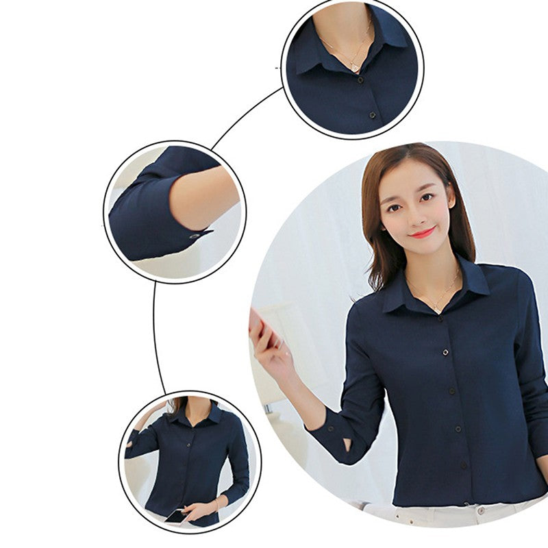 GAOKE OL Work Wear White Blue Blouse  Long Sleeve Turn-down Collar Formal Elegant Female Shirt Ladies Tops School