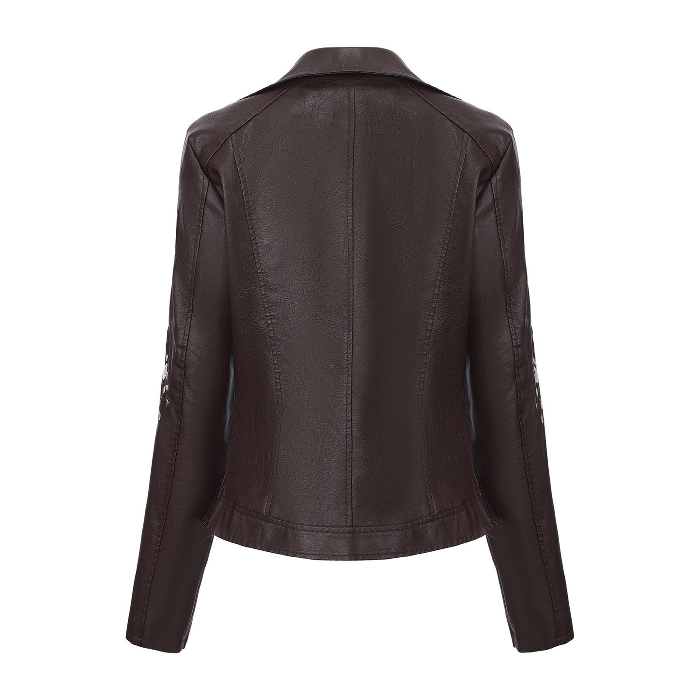 New Fall Women's Black Embroidered PU Jacket, Street-Style Brown Faux Leather Coat, Fashionable Beige Long Sleeves Top.