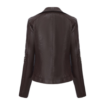 New Fall Women's Black Embroidered PU Jacket, Street-Style Brown Faux Leather Coat, Fashionable Beige Long Sleeves Top.