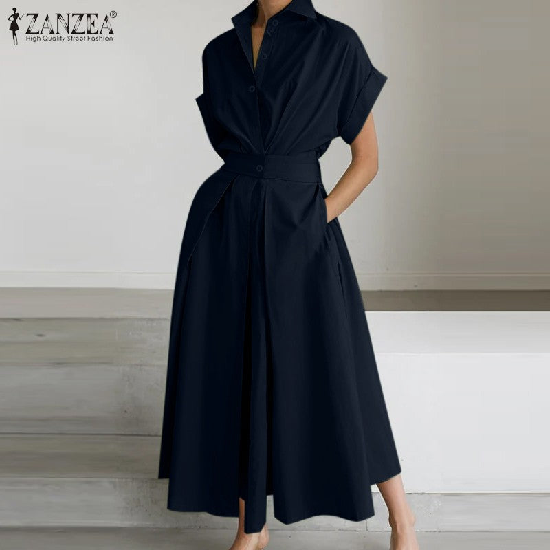 ZANZEA Women Fashion Summer Shirt Dress 2025 Elegant High Waist Short Sleeve Mid