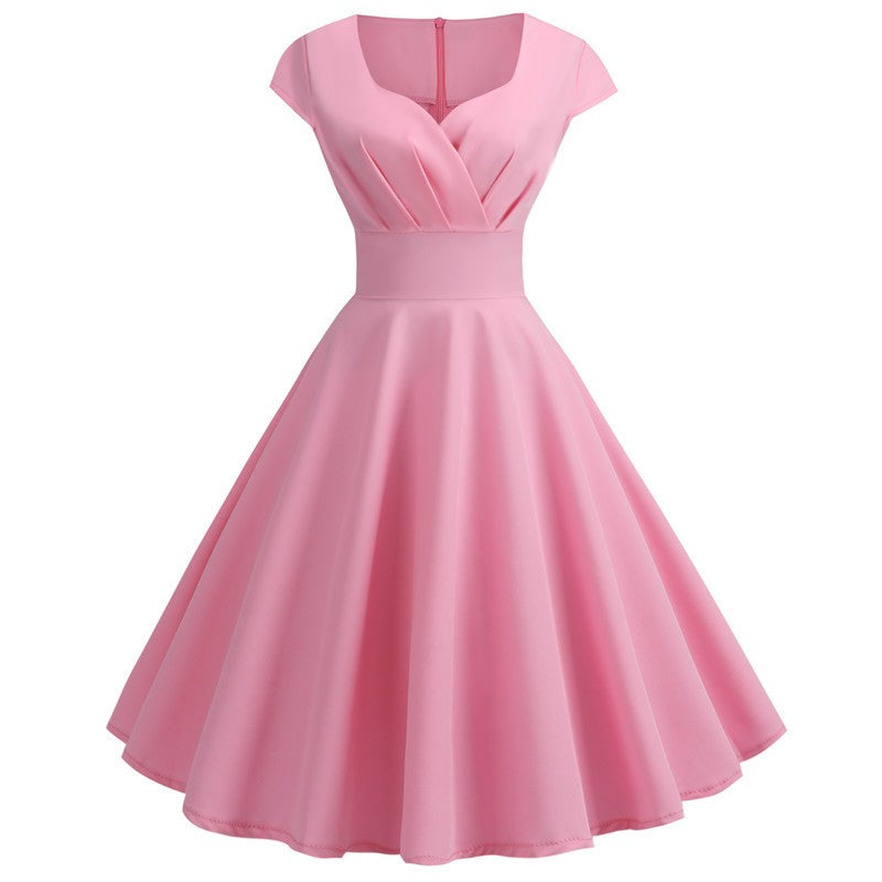 Pink Summer Dress Women V Neck Vintage Robe Elegant Retro pin up Party Office Mi
