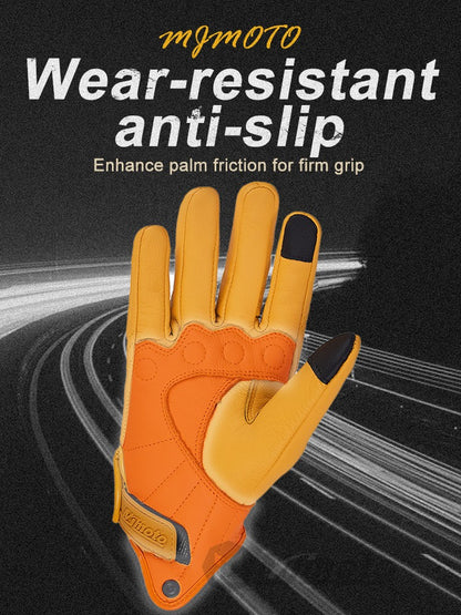 Luvas de Couro Amarelas Retrô para Motocicleta Masculinas Femininas Respiráveis Perfuradas Luvas de Corrida de Moto com Tela Sensível ao Toque para Motocross Moto