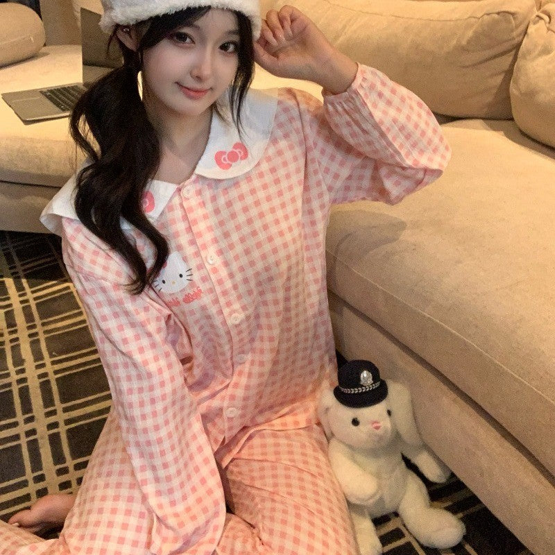 2pcs Sanrio Plus Size Pajamas Hello Kitty Kawaii Cartoon Women's Sleepwear Pajamas Sets Bow Cute Autumn Winter New Pajamas Set
