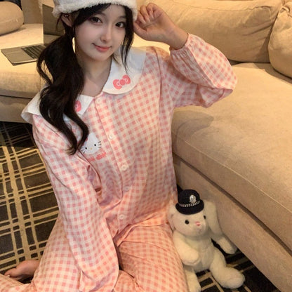 2pcs Sanrio Plus Size Pajamas Hello Kitty Kawaii Cartoon Women's Sleepwear Pajamas Sets Bow Cute Autumn Winter New Pajamas Set