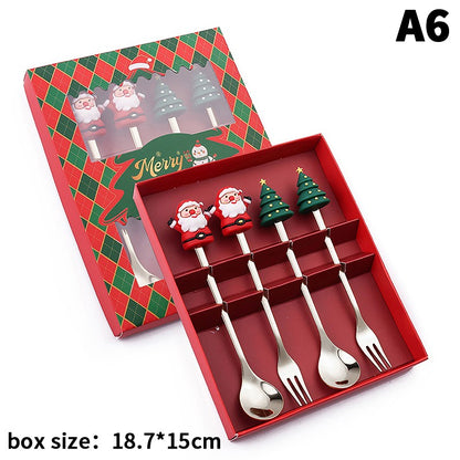 Stainless Steel Christmas Fork And Spoon Set with Gift Box for Coffee Tea Dessert Tableware