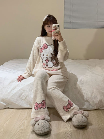 Hello Kitty Women's 2025 Kawaii Brushed Fleece Pajama Set Fall Winter Plush Thermal Cozy Sleepwear & Home Loungewear
