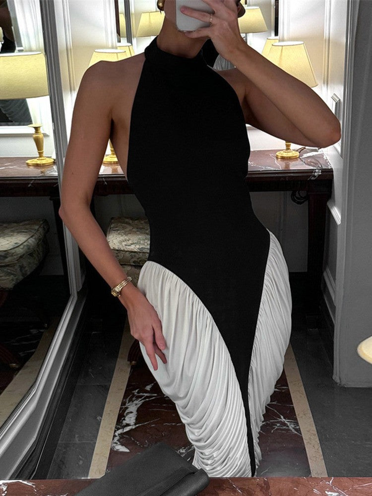 Mozision Patchwork Halter Backless Sexy Midi Dress Women Gown Elegant Fashion Co