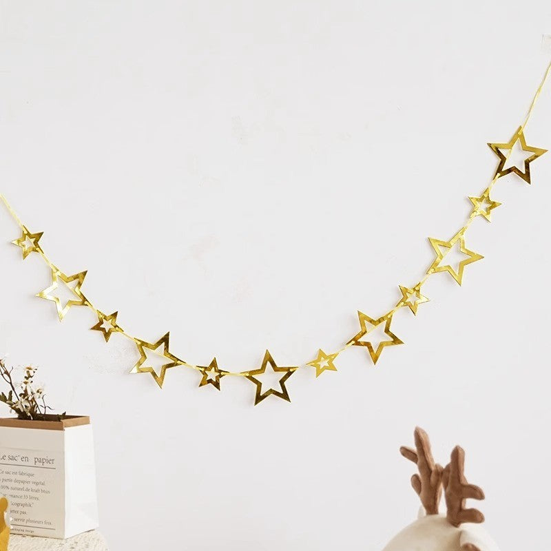 Gold Silver Paper Board Garland Banner Birthday Party Decoration Hollow Star Triangle Flag Wall Hanging Flags Photo Props Supply