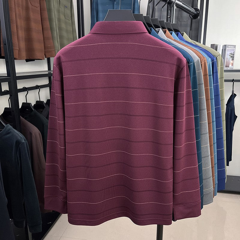2025 long sleeved men's spring and autumn collar striped pullover top with loose pockets polo shirt