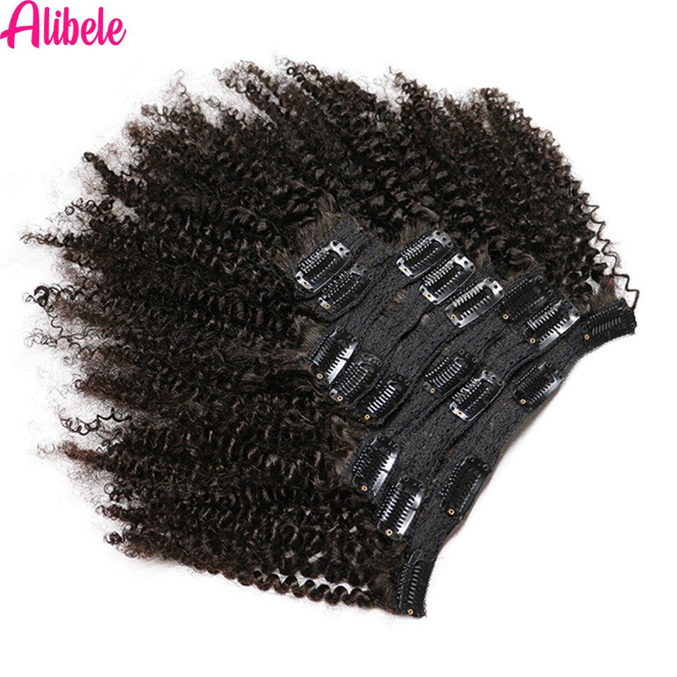 Alibele 4B 4C Afro Kinky Culy Clips In Human Hair Extensions Cabelo Remy Brasileiro com Clipes de 120g, 8 Peças/Conjunto, 25-71 cm para Mulheres